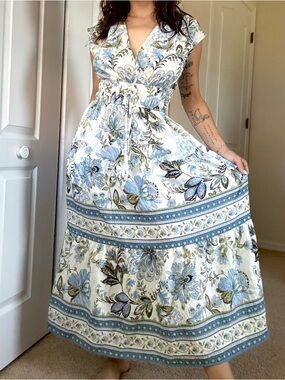 Rachel Zoe Blue and Cream Floral Midi Wrap Dress